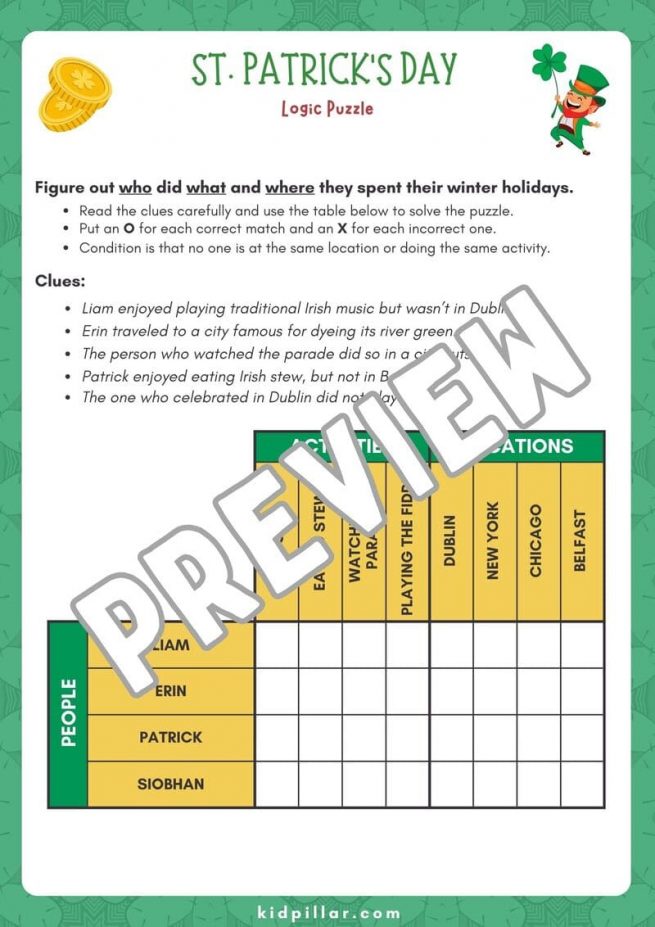 St Patricks Day Logic puzzle worksheet